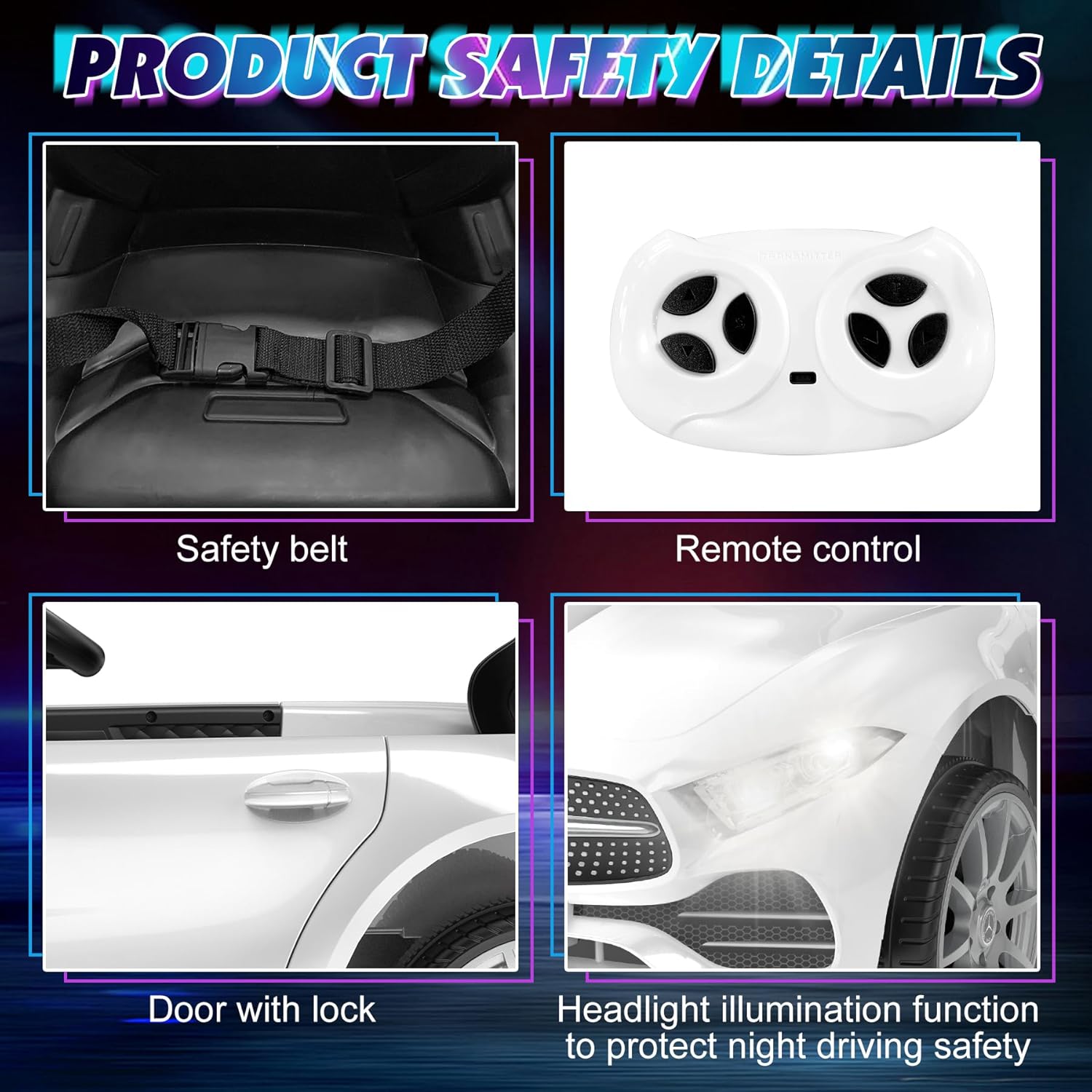 12V Kids Ride On Car with 2.4G Remote Control,Battery Powered Electric Car Ride On Vehicle Double Doors, 5 Point Safety Belt,LED Light (SC-White)