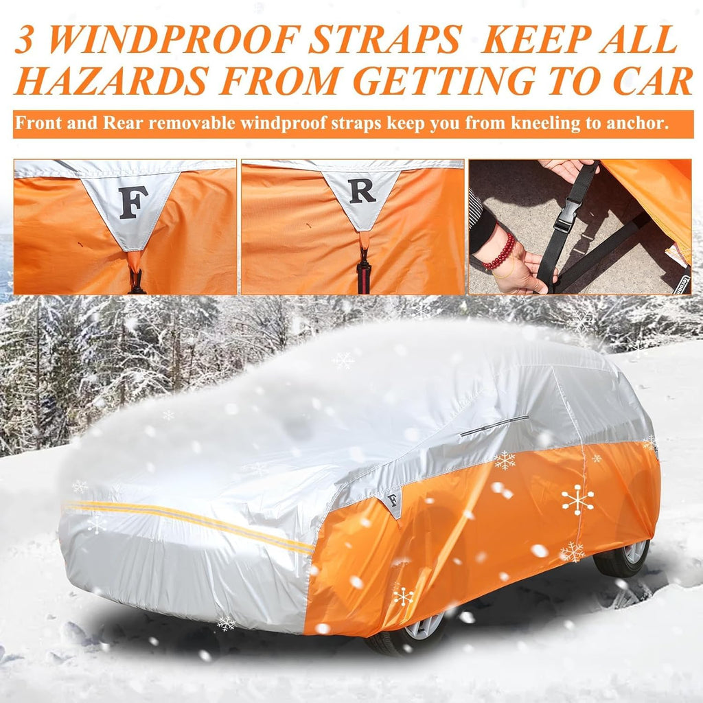 Tecoom Car Cover for Automobiles, Weatherproof Full Exterior Covers, Universal Car Tarp Covers w/Detachable Gust Straps for Toyota Corolla Ford Focus Chevrolet Sonic, Fit 160"-172" Hatchback