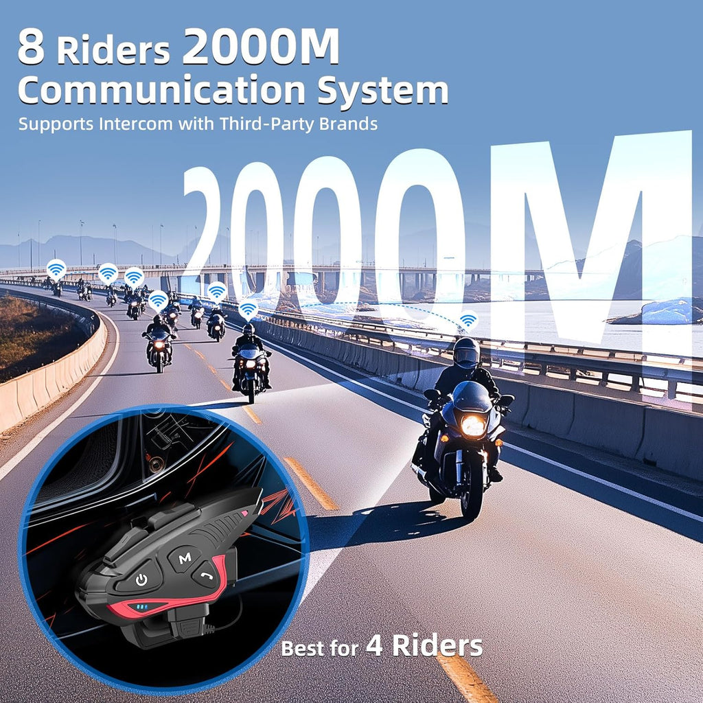 Moman Motorcycle Intercom Headset, CP-S 8 Riders 2000M Group Helmet Communication System, Universal Pairing with HiFi Noise Cancellation Music Share FM Radio Helmet Group Communicator for Motorbike