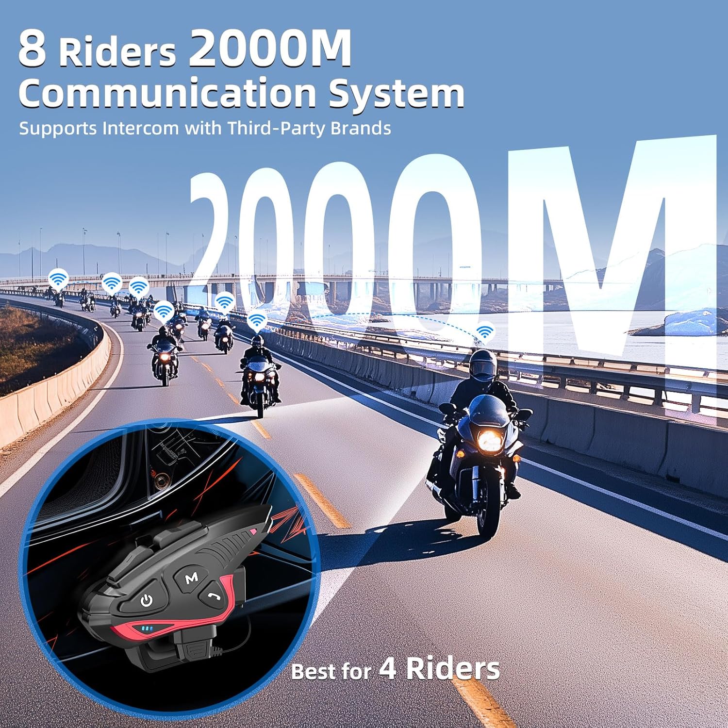 Moman Motorcycle Intercom Headset, CP-S 8 Riders 2000M Group Helmet Communication System, Universal Pairing with HiFi Noise Cancellation Music Share FM Radio Helmet Group Communicator for Motorbike