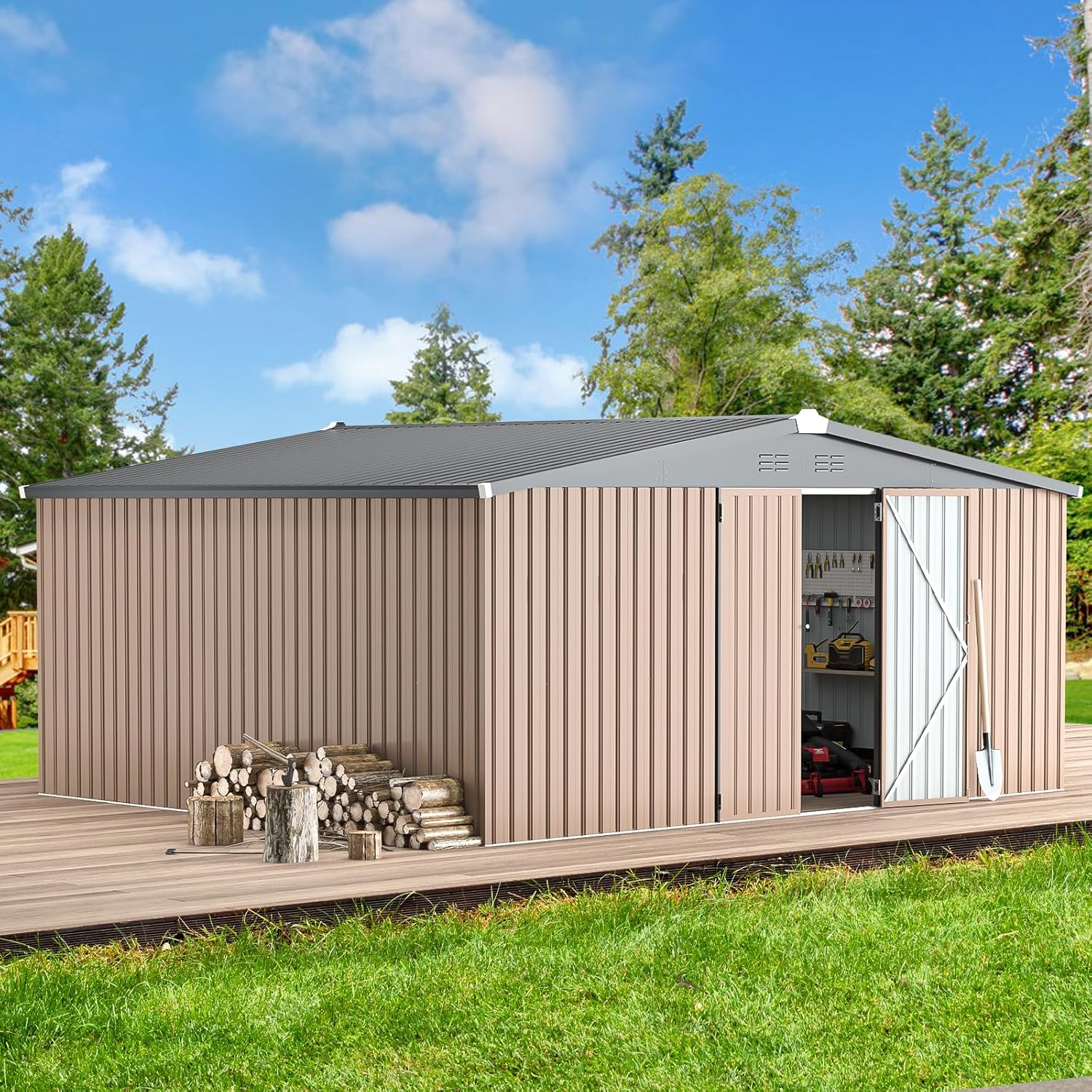 U-MAX 10' x 12' Outdoor Storage Shed Clearance, 10x12 Large Metal Garden Shed Yard Steel Shed with Design of Lockable Doors, Tool and Utility Storage for Backyard, Garden, Patio, Outside use Taupe