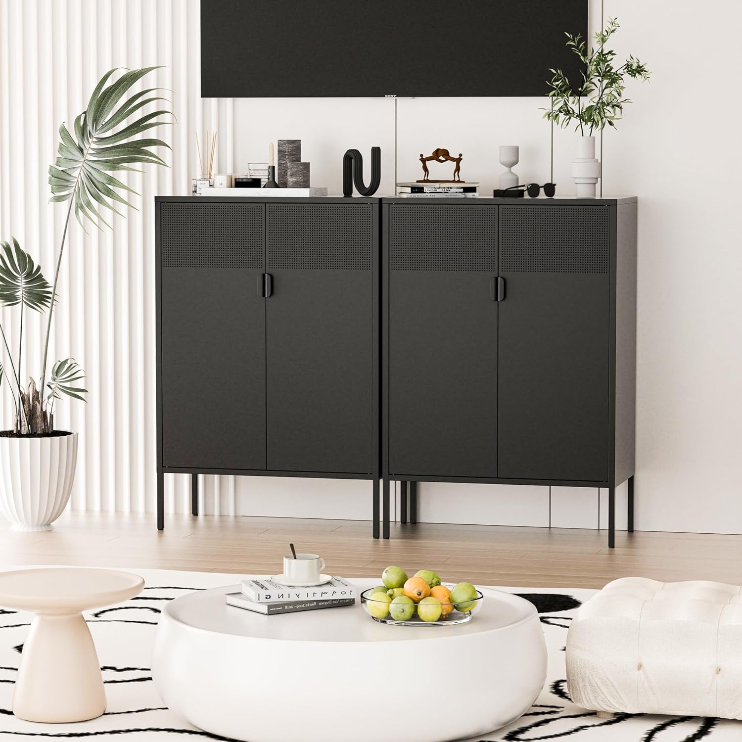 2 Mesh Door Metal Storage Cabinet with Adjustable Shelves, Multipurpose Black Storage Cabinet, 3-Tier Office Cabinet,Metal Storage Cabinet for Office Home,Hallway(Black, 47''H)