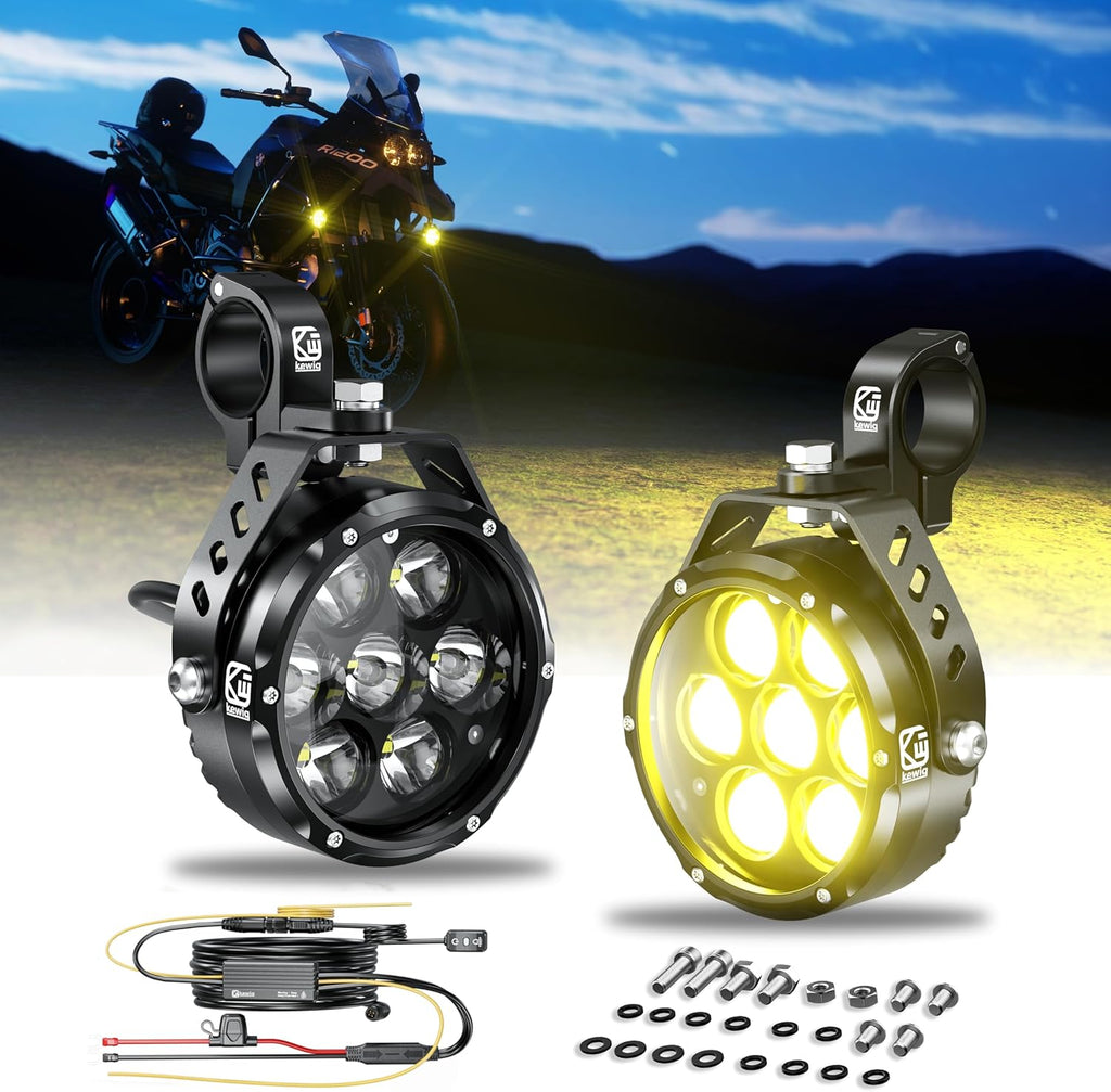 Kewig 4.5 Inch Motorcycle Auxiliary LED Fog Light 90W Amber White Driving Spotlight Kit With Mount Brackets Wire Harness Waterproof Offroad Fit for Motorcycle Jeep Car Truck