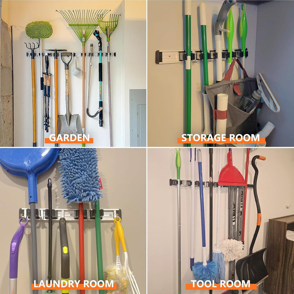 Broom Holder Wall Mount Mop and Broom Hanger Wall Mounted Garage Storage Rack Kitchen Garden Tool Organizer (4 Racks with 5 Hooks, Black)