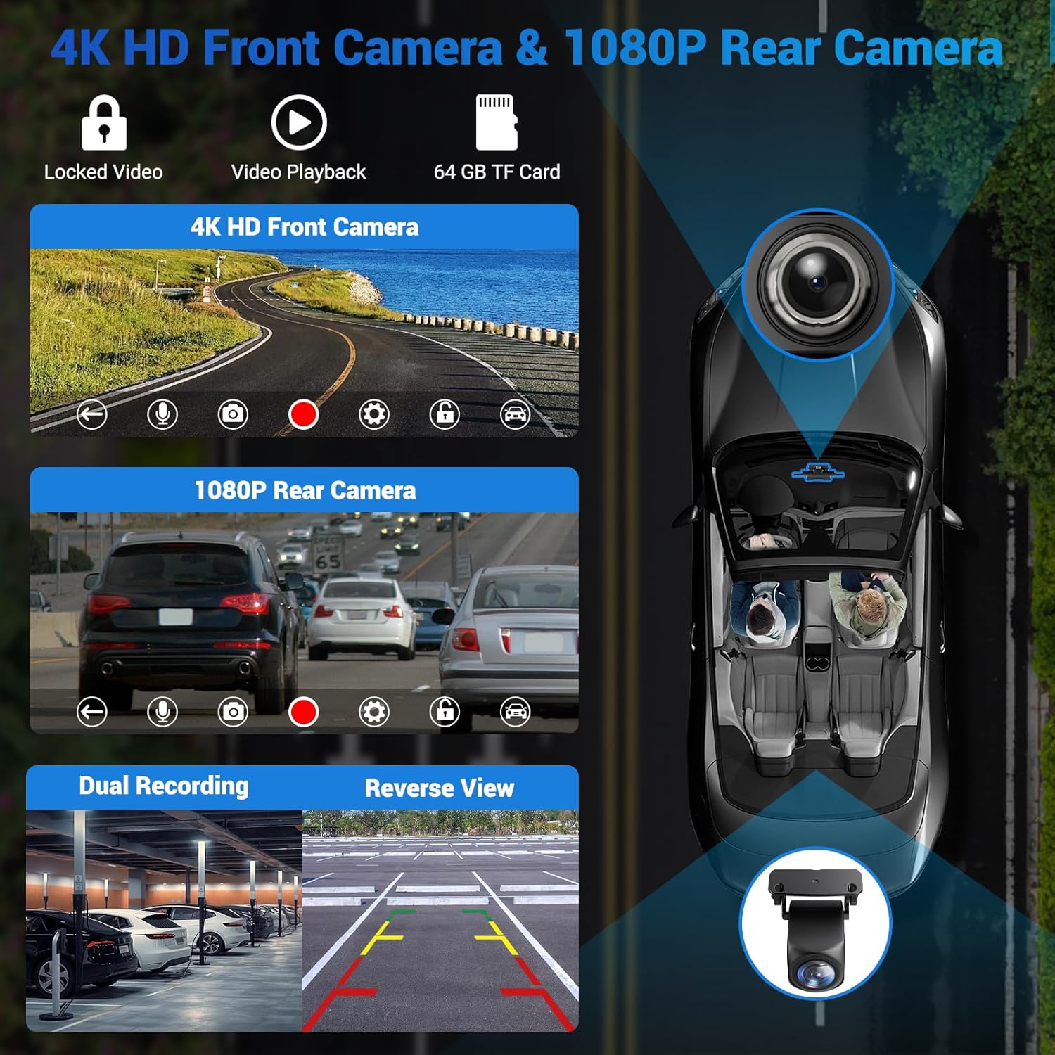 Wireless Apple Carplay Screen for Car 4K Dash Cam, 10.26" HD Touchscreen with Portable Apple Carplay & Android Auto Car Stereo, 1080p Backup Camera