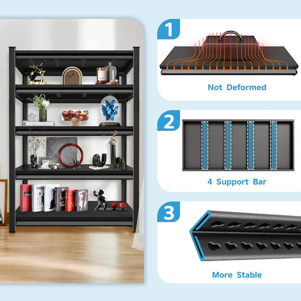 3000LBS Garage Storage Shelves Heavy Duty, 48" W x 24" D x 78" H,5-Tier Garage Shelving Heavy Duty, Industrial Metal Shelving Units for Garage, Basement,Fish Tank,Black