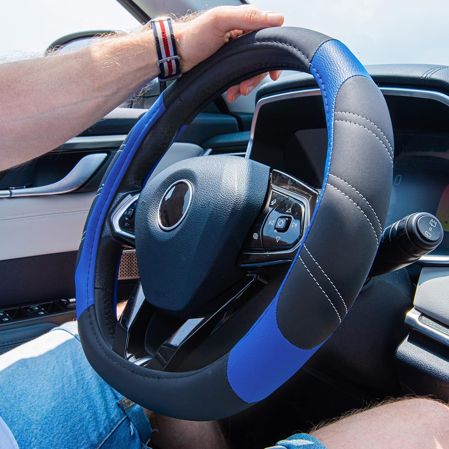 CAR PASS Line Rider Microfiber 14 Inch Leather Sporty Steering Wheel Cover Universal Fits for Truck,SUV,Cars, Anti-Slip Safety Comfortable Desgin (Black-Blue)