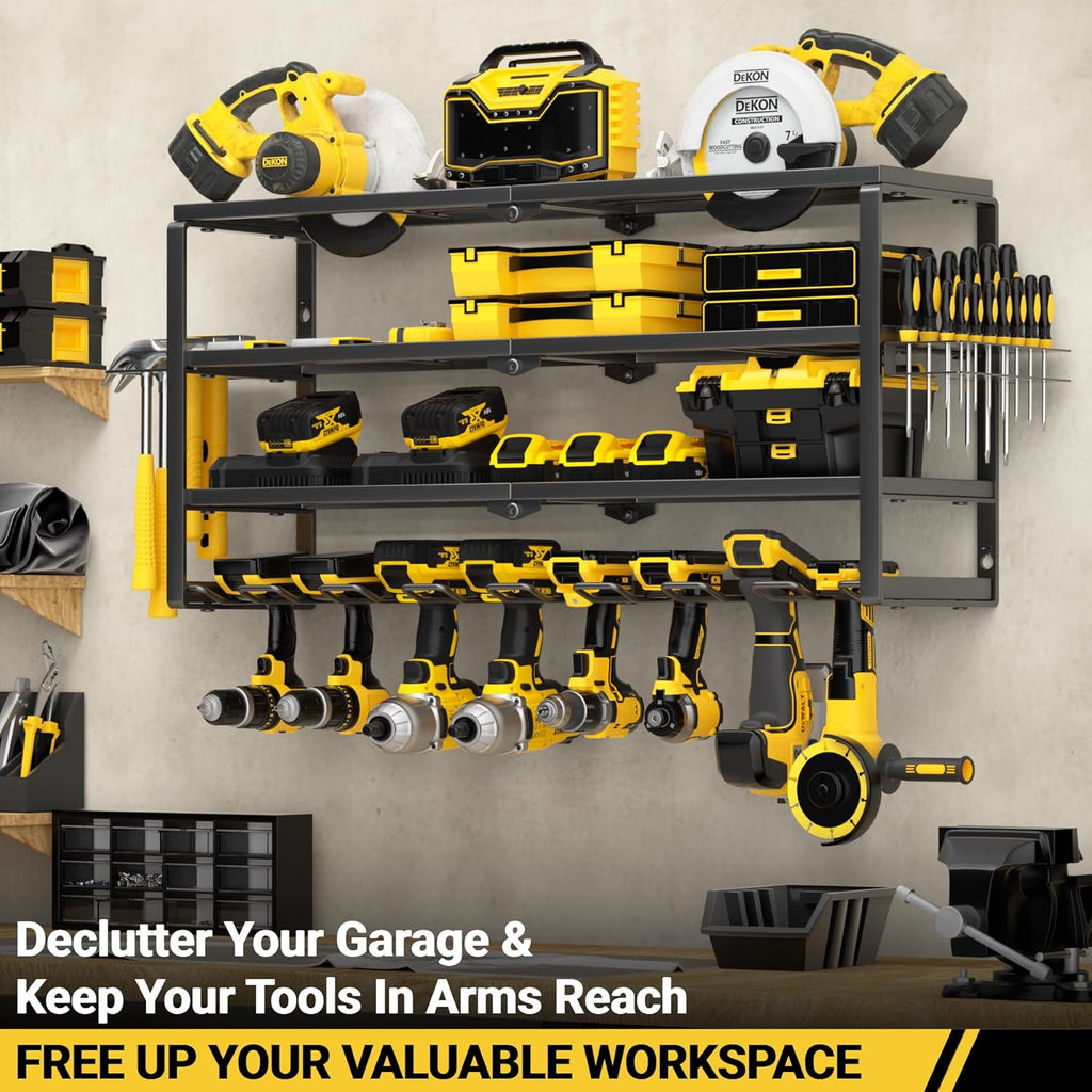 YYR 4 Layer Power Tool Organizer Wall Mount, Cordless Drill Hanger Storage Rack, Battery Tools Holder with Charging Station Shelf for Garage Organization, Workshop, Pegboard, Shed - 32 Inch 8 Slots