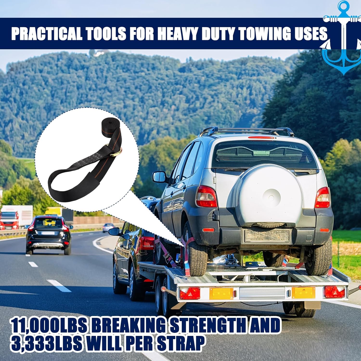 8Pack 2'' X 8ft Tow Truck Straps Lasso Wheel Lift Straps Lasso Tow Strap with D Ring 11, 000 Lbs Break Strength Auto Tie Down Auto Hauler for Trailer Truck Tie(Black)