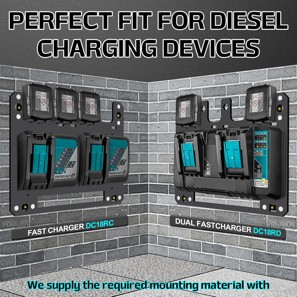 FETESNICE Metal Charger Mount for Makita Battery Holder and DC18RC DC18RD Charger,Stable for Makita Wall Mount Charger,1-4-Slot Battery Storage Rack for Makita,Order in Workspace and Garage