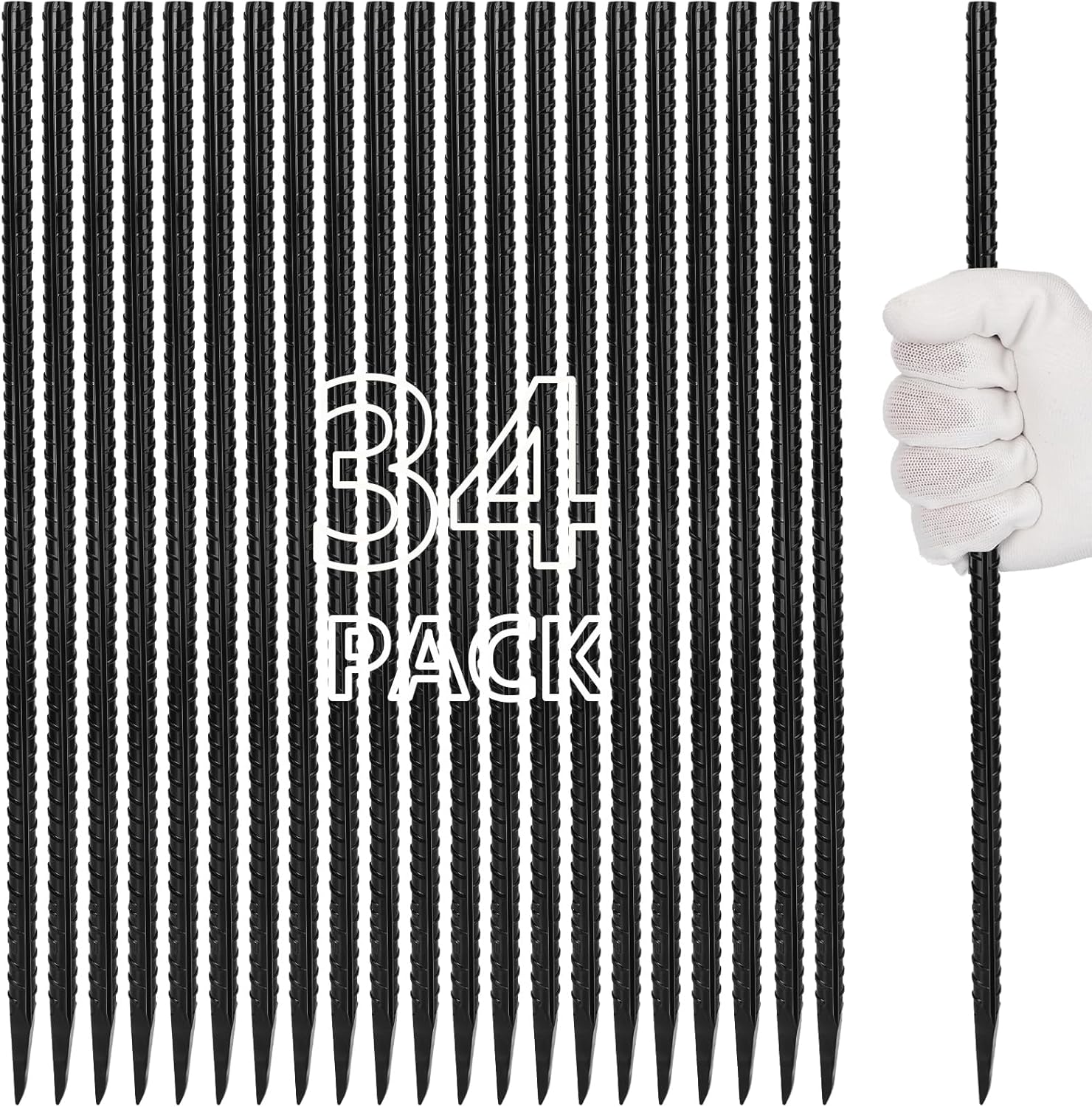 16 inches Rebar Stakes Heavy Duty (34-Pack) Metal Spikes for Concrete Timber, Garden Plant, Straight Steel Stakes for Tent, 3/8" Thickness Ground Anchors with Chisel Point End, Black