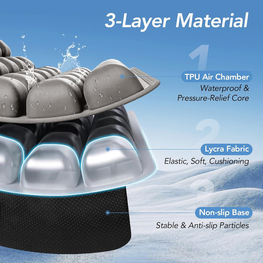 Travel Seat Cushion, 3D Air Inflatable Pressure Relief Cushion for Hemorrhoid and Tailbone Pain Relief, Optimal Support for Long Sitting in Car, Air Travel, Office Chairs, Home Living (Grey)