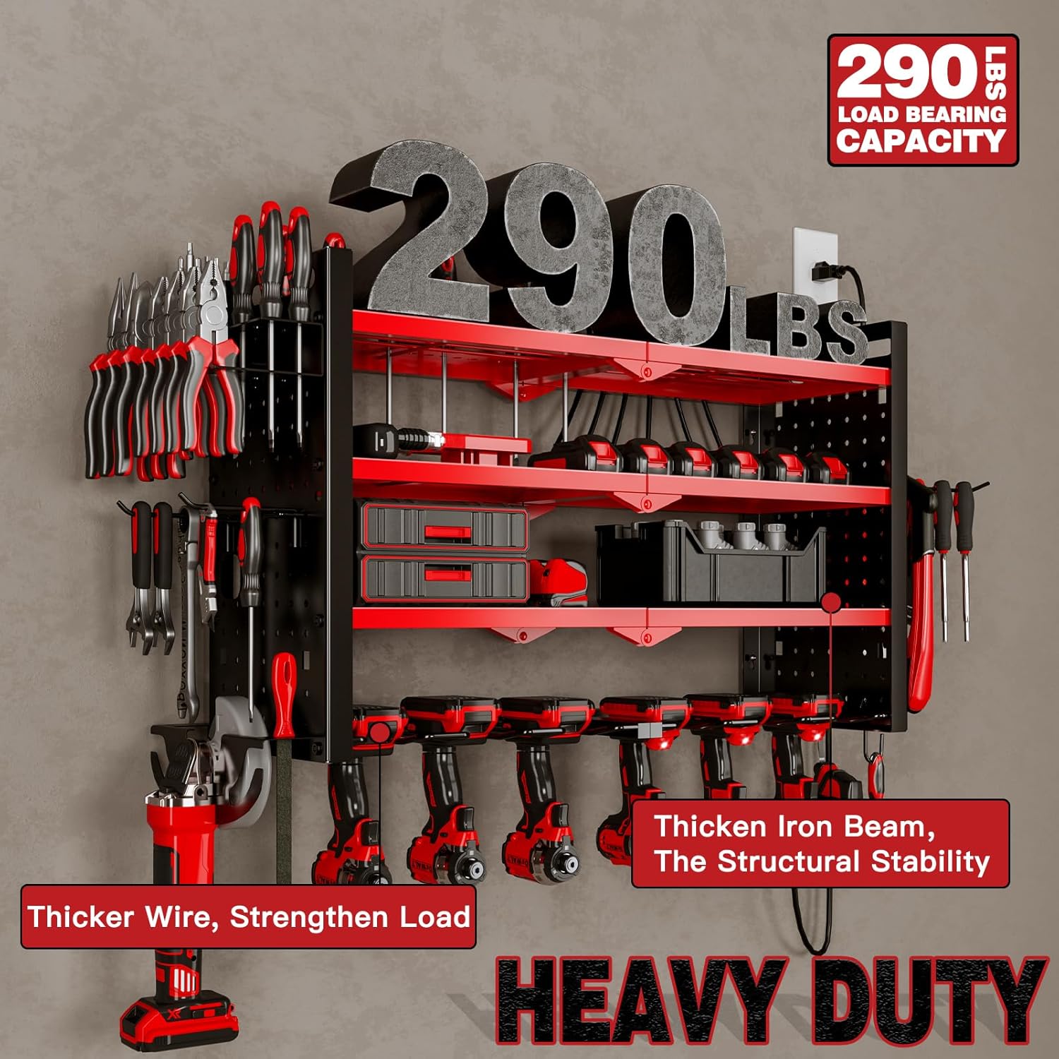 Power Tool Organizer Wall Mount with Charging Station 4 Layer 6 Slot Cordless Drill Holder with Angle Grinder Holder (Red)