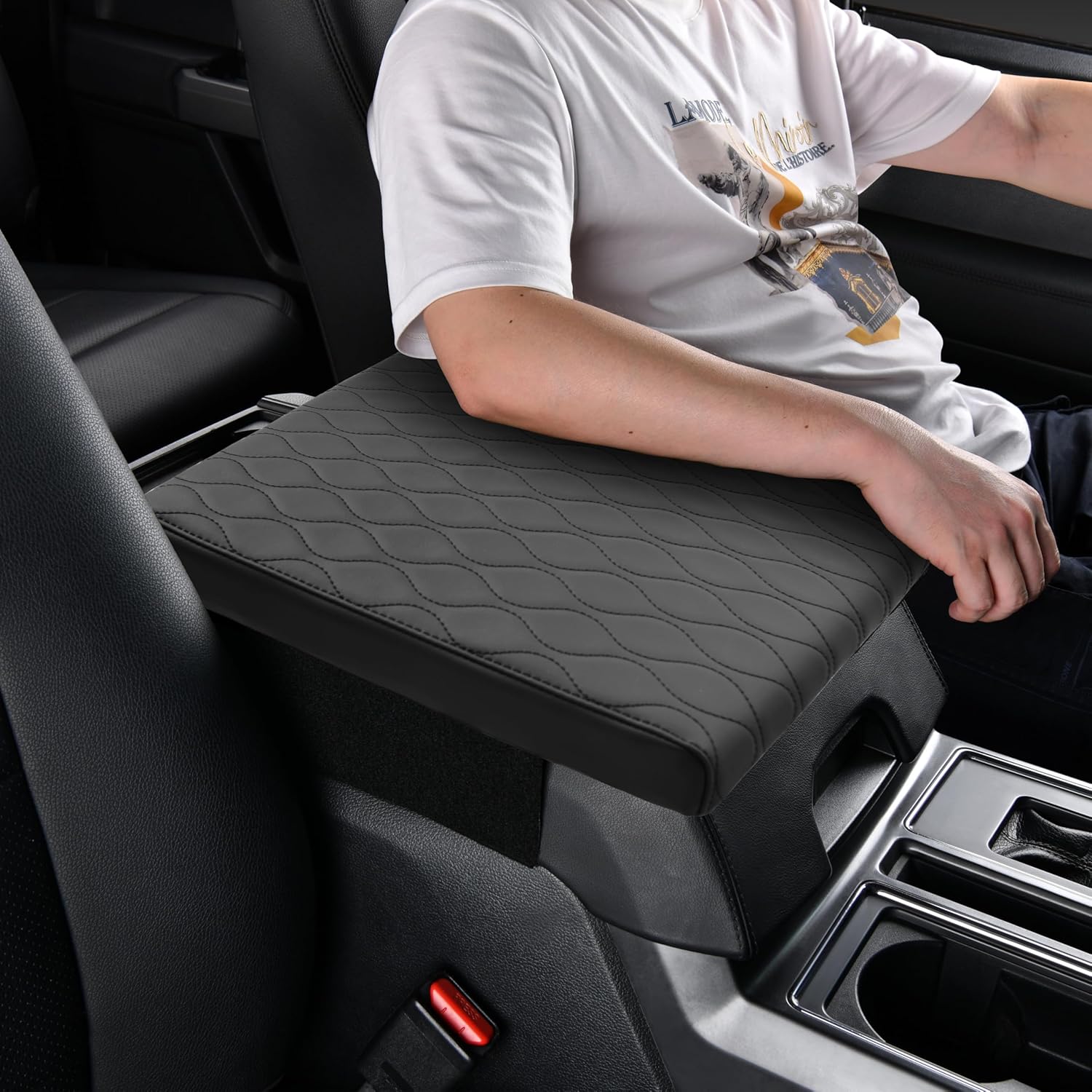 Car Center Console Cover pad PU Leather,Black Armrest Box mat,Vehicle Arm Rest Cushion Protector,Memory Foam pad,Full size SUV truck,f150 sierra titan silverdo tundra(sizeD 15x13.4x2.2)