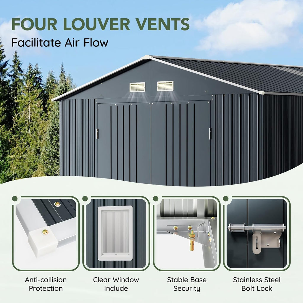 10x12 FT Outdoor Metal Storage Shed, Double Swing Doors, 2 Clear Windows, Replaceable Skylight Roof Panel, Tool Shed for Garden, Patio, Backyard