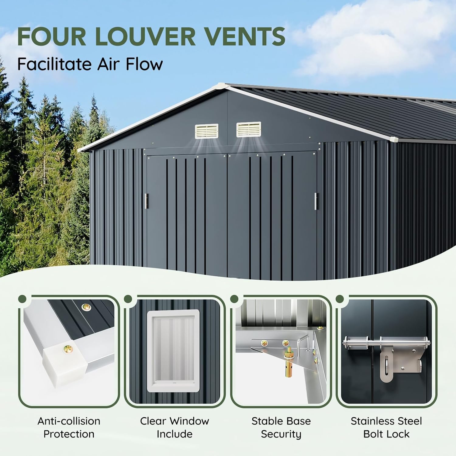 10x12 FT Outdoor Metal Storage Shed, Double Swing Doors, 2 Clear Windows, Replaceable Skylight Roof Panel, Tool Shed for Garden, Patio, Backyard