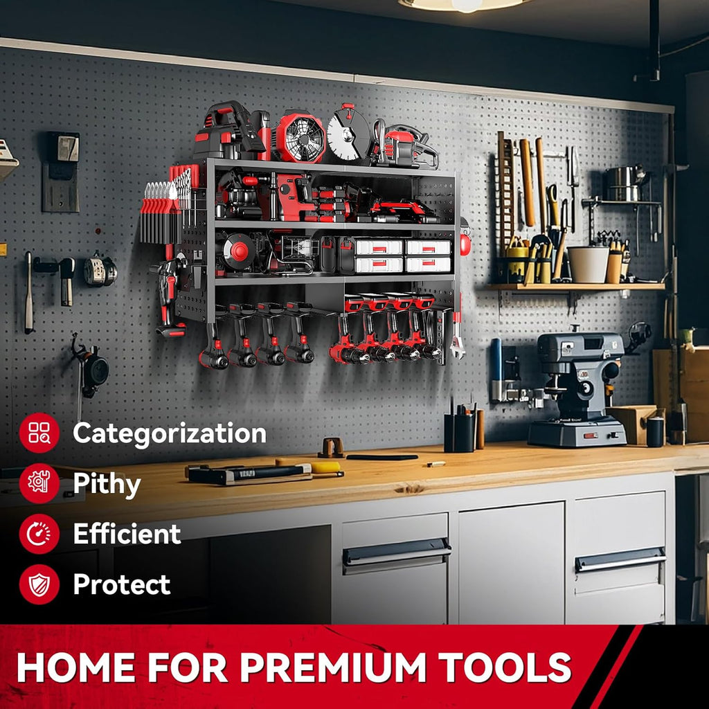Power Tool Organizer Wall Mount, Heavy Duty 4-Tier Garage Storage Rack with Hooks and Cordless Drill Holder, Utility Racks for Screwdrivers, Pliers, Hammers,AngleGrinder, Shelf for Workbench