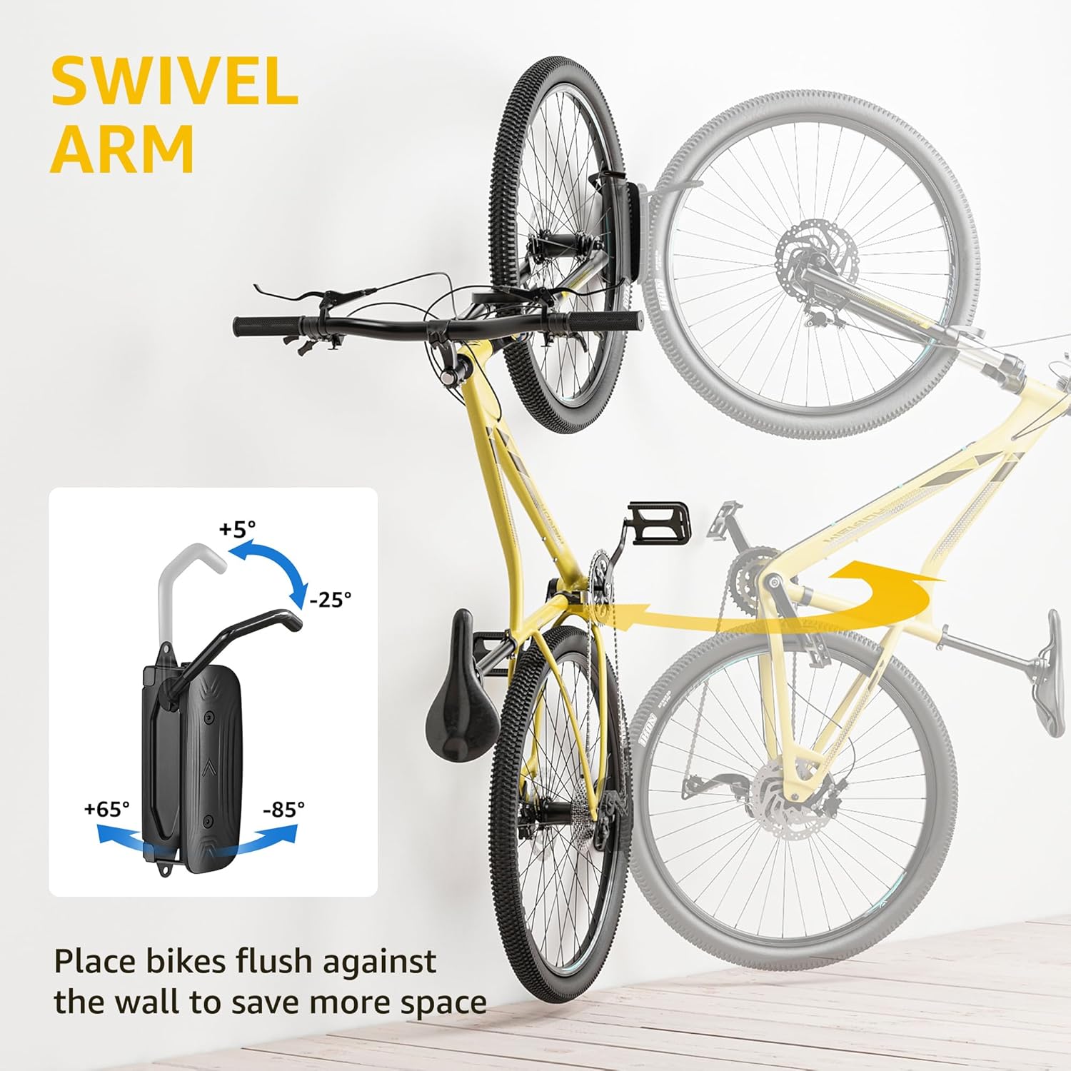 monTEK Swivel Bike Wall Mount, Bike Hangers for Garage, Space-Saving Vertical Bike Rack, Sturdy Bike Storage Rack Holds Up to 66lbs, Easy to Install, Black