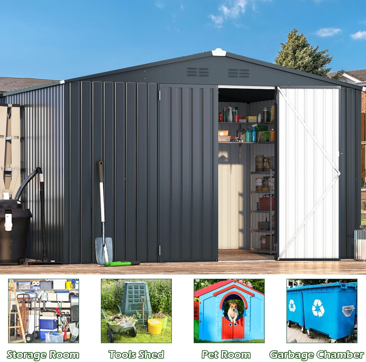 AECOJOY 12' x 10' Outdoor Storage Shed, Dark Grey Large 10x12 Sheds & Outdoor Storage Clearance with Lockable Doors, Utility and Tool Storage Garden Shed Backyard, Patio and Outside use