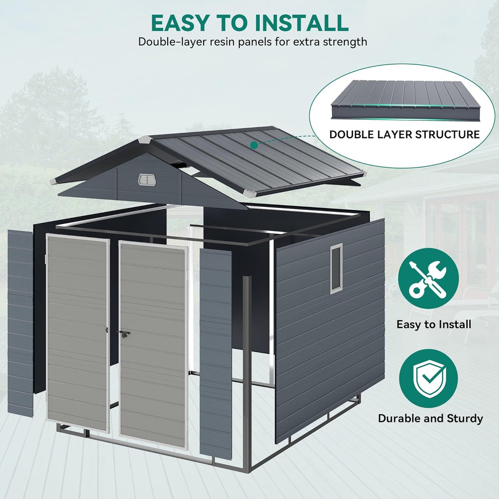 YITAHOME 8x9 FT Outdoor Storage Shed w/o Floor, All-Weather Plastic Shed with Lockable Doors, Window & Vents, Plastic Tool Shed for Backyard, Patio, Poolside, Lawn, Gray