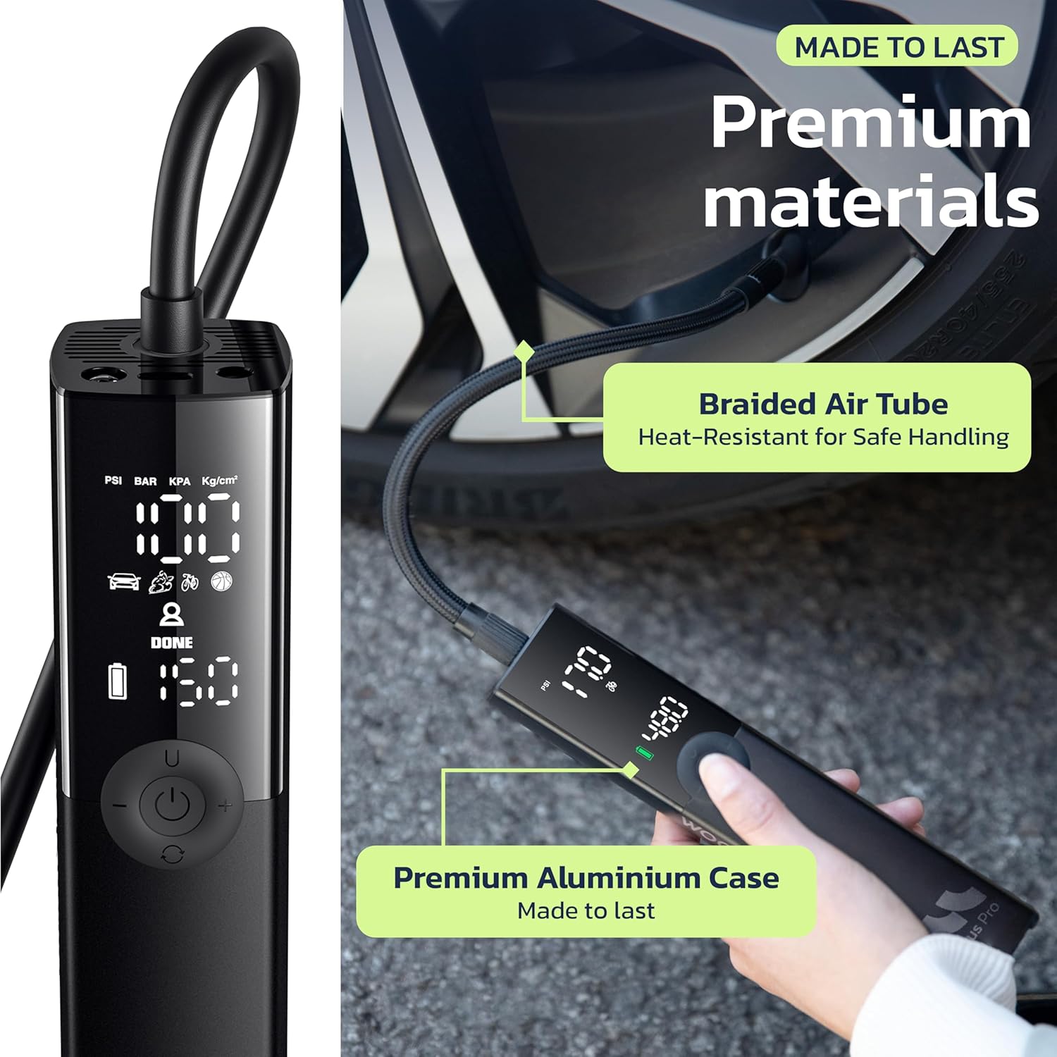 Tire Inflator Portable Air Compressor for Car, Bike, Motorcycle, SUV, Offroad & Truck - Fast Car Pump, 150 PSI, Cordless 12V DC, LED Display Emergency Light Woowind (Ventus pro)