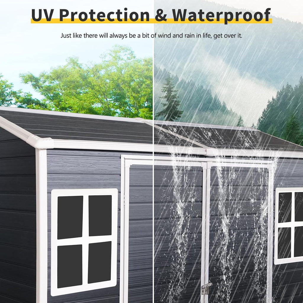 8x4 FT Outdoor Storage Shed, Resin Garden Shed with Thick Floor, Plastic Storage Shed with 2 Windows, Waterproof Outside Tool Shed with Lockable Hinged Doors for Backyard, Patio, Lawn, Black