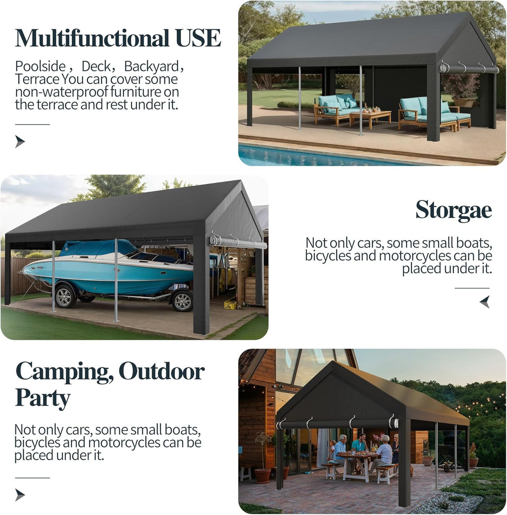 Shintenchi Carport 12' x 20' Heavy Duty Portable Garage, Carport Canopy with Side-Opening Door & Roll-Up Windows, Car Canopy for Truck,Car,Boat,Grey