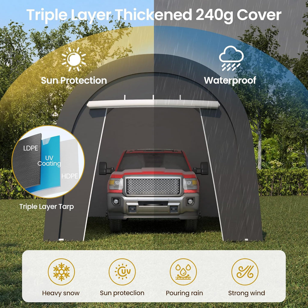 Kiss the Water Carport, Round Portable Garage, Steel Heavy Duty Carport with Ground Stakes, Tensioner and 2 Roll Up Windows PE Fabric Car Port, Garage, Storage Shed, Tent for Storage, SUV (10x20 Ft)