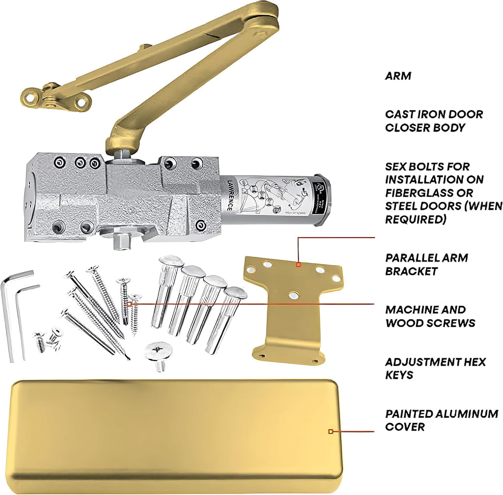 Lawrence Extra Heavy Duty Door Closer Commercial Grade 1 - Adjustable 6-Speed Delayed-Action Door Control with 3 Pistons – Flexible Installation with Included Hardware - Embassy Series LH8016