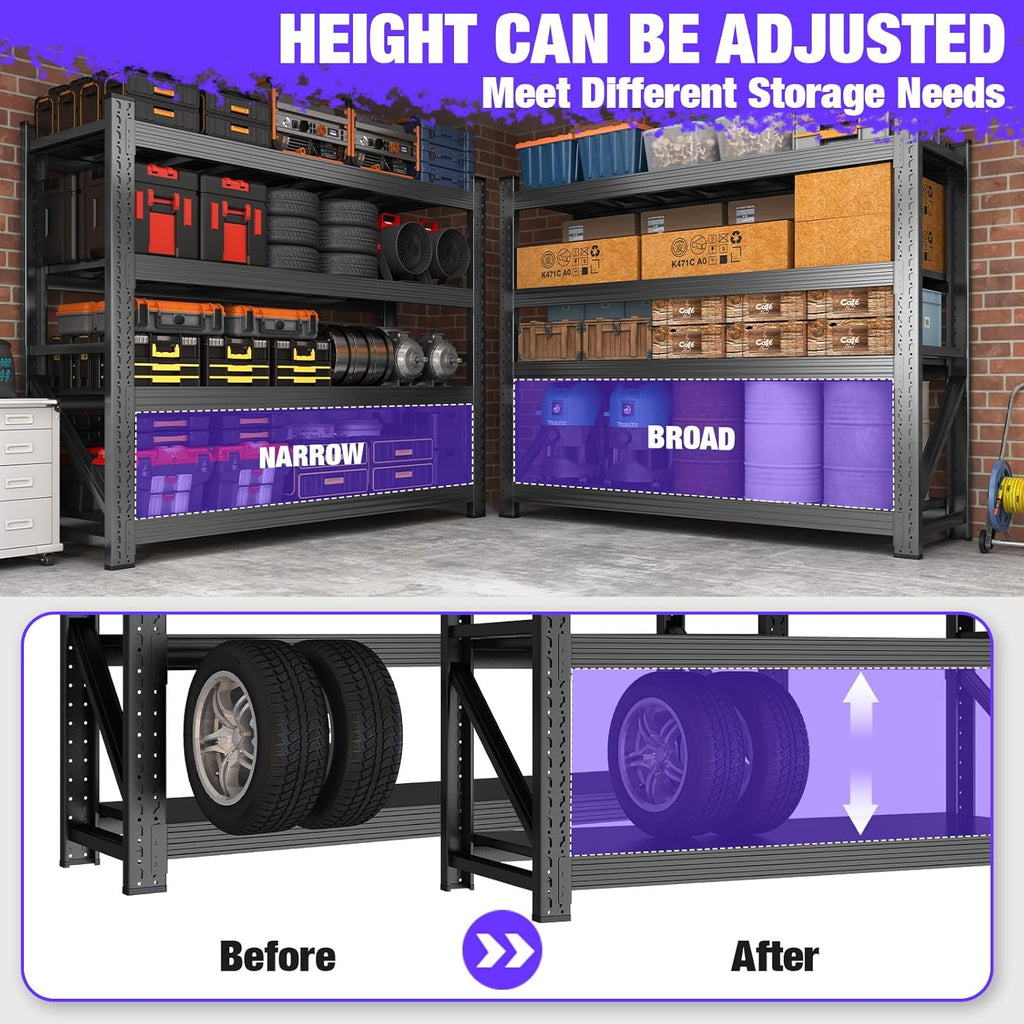 Metal Garage Shelving Heavy Duty, 4-Tier Adjustable Wire Storage Garage Shelves, 6000 LBS Loads Industrial Shelving Units for Garages, Warehouses, Kitchen, Black, 59" W x 24" D x 59" H,4 Pack