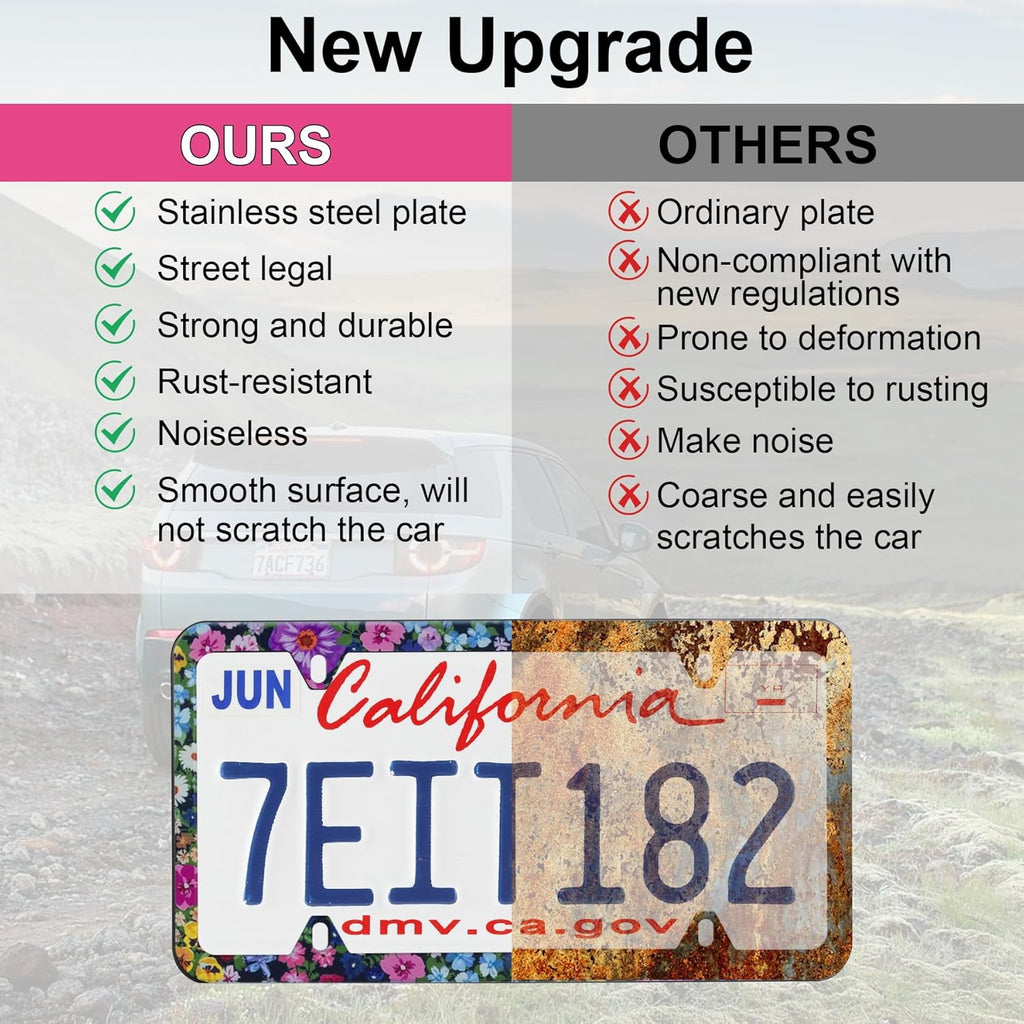 LivTee Flower Floral License Plate Frames, 4 Holes Stainless Steel License Plate Covers, 2PCS Car License Plate Holder, Automotive Exterior Accessories