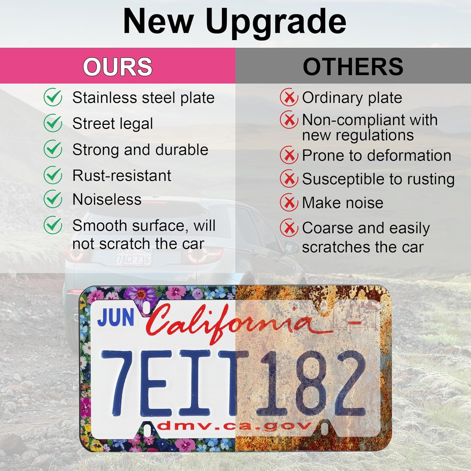 LivTee Flower Floral License Plate Frames, 4 Holes Stainless Steel License Plate Covers, 2PCS Car License Plate Holder, Automotive Exterior Accessories