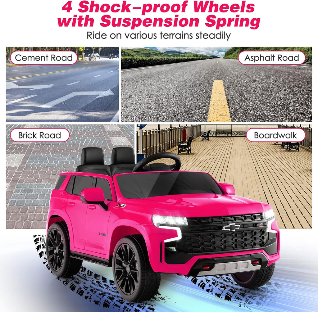 HONEY JOY Ride On Truck, 12V Licensed Chevrolet Tahoe, Chevy Electric Vehicle for Kids, Soft Start, Music, Lights, Battery Powered Ride On Car Toy with Remote Control, Gift for Boys Girls (Pink)