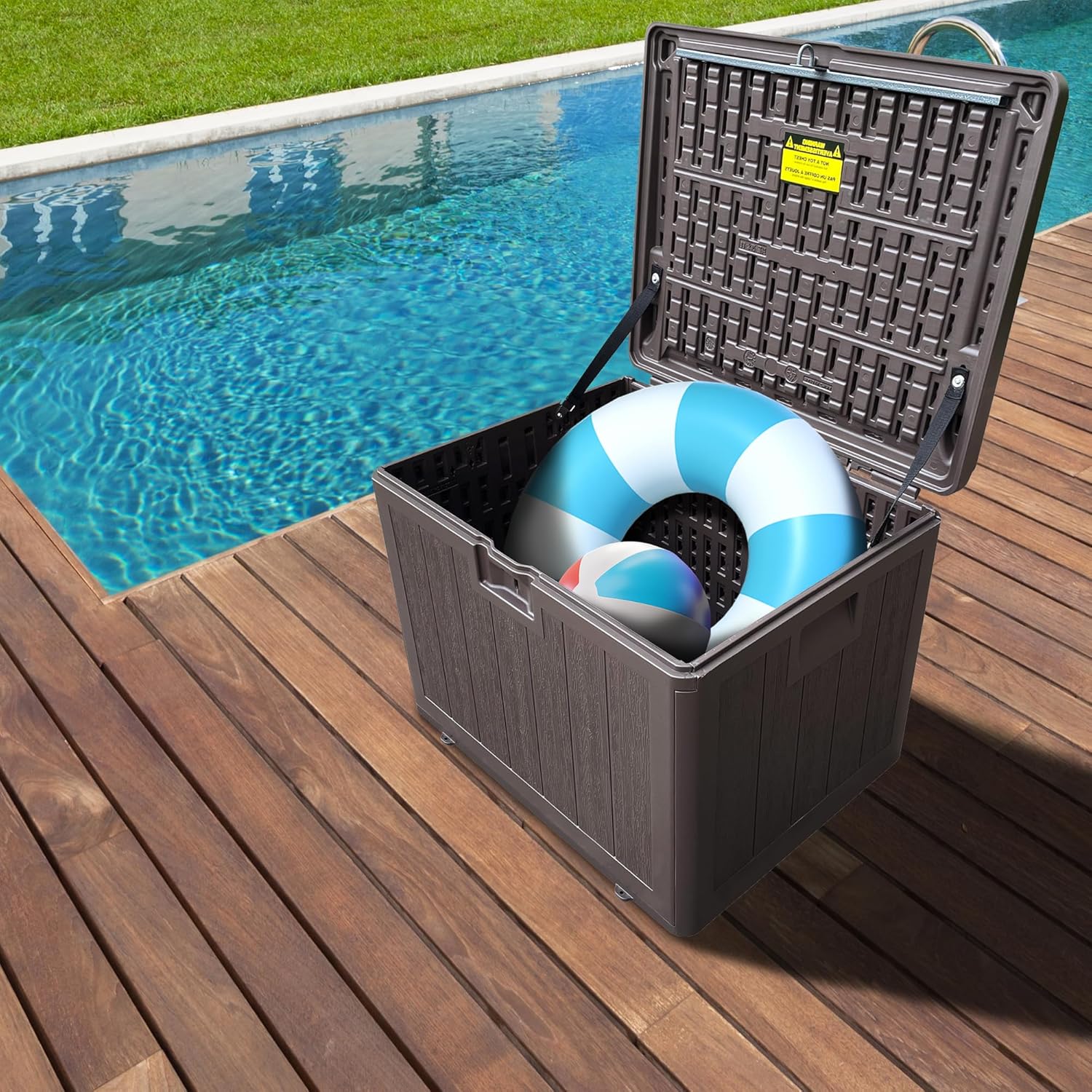 Premium Pro Edition 35 Gallon Lockable Resin Deck Box, Waterproof & UV-Resistant Outdoor Storage Box for Outdoor Storage, Garden Tools & Pool Accessories Storage, Brown