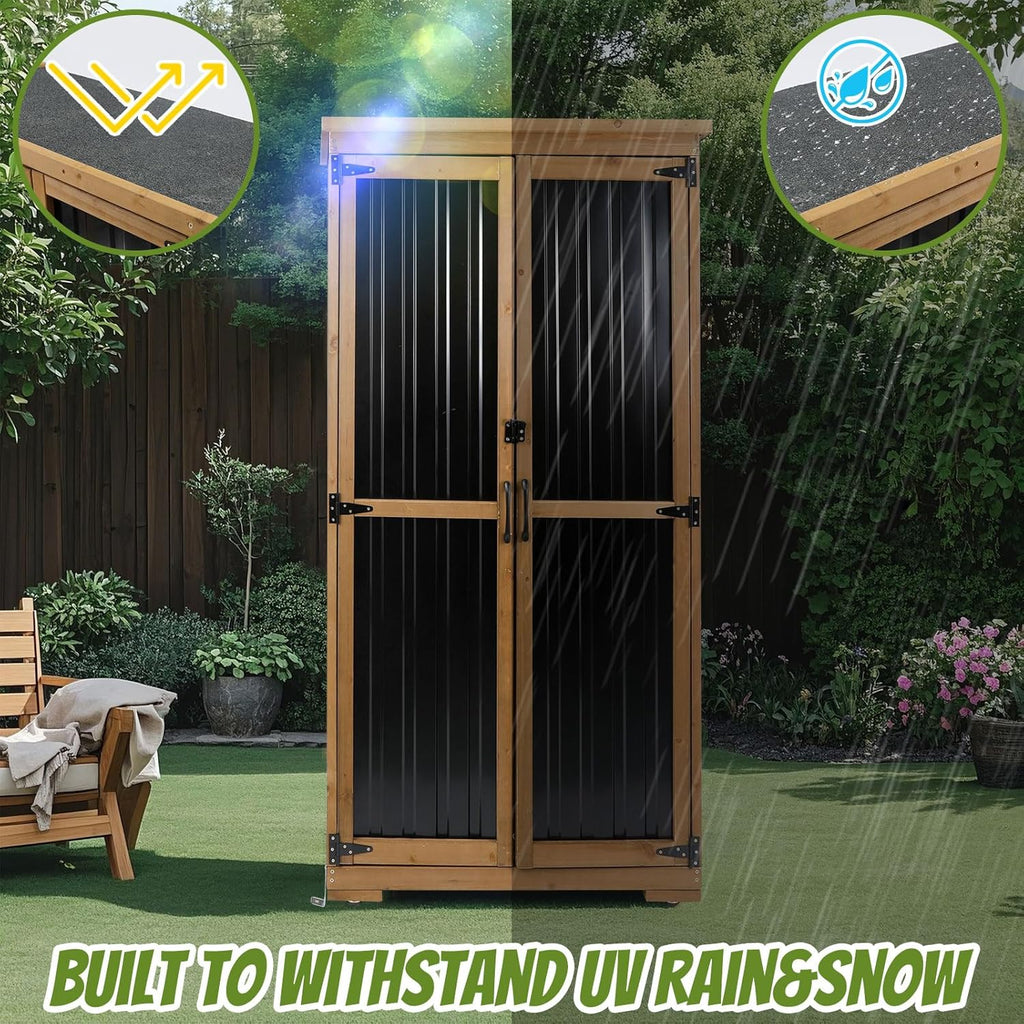 Outdoor Storage Cabinet Weatherproof,Wood & Metal Storage Shed with Adjustable Shelves & Lockable Doors,Vertical Outdoor Cabinets for Backyard Patio, Gardening Tools and Accessories,Brown