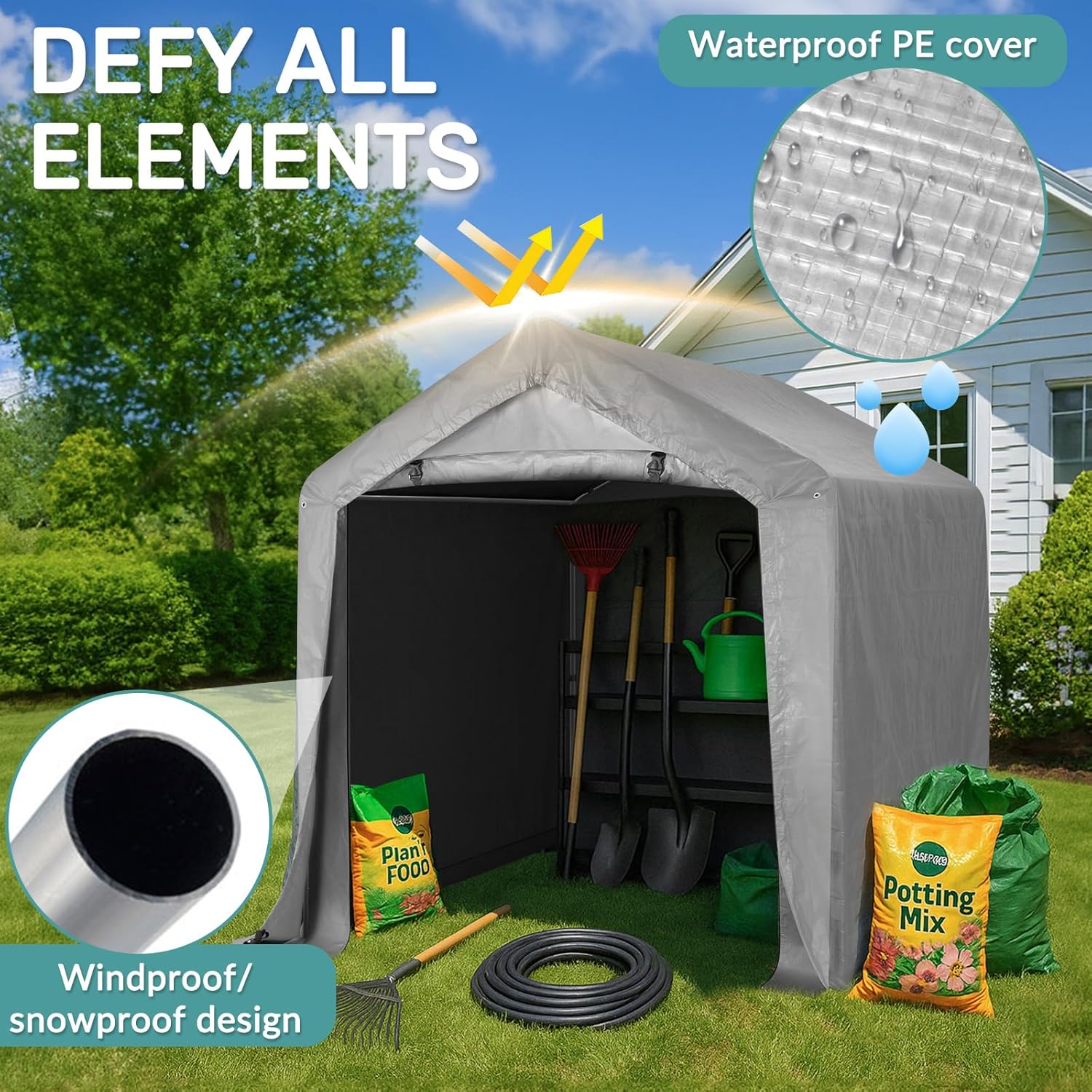 Outvita Outdoor Portable Storage Shed Tent, 6x6 ft Waterproof Carport with Roll-Up Zipper Door and Durable Galvanized Steel Frame, Ideal for Motorcycle, GTV, Bike, Wood Tool Lawn Mower Storage