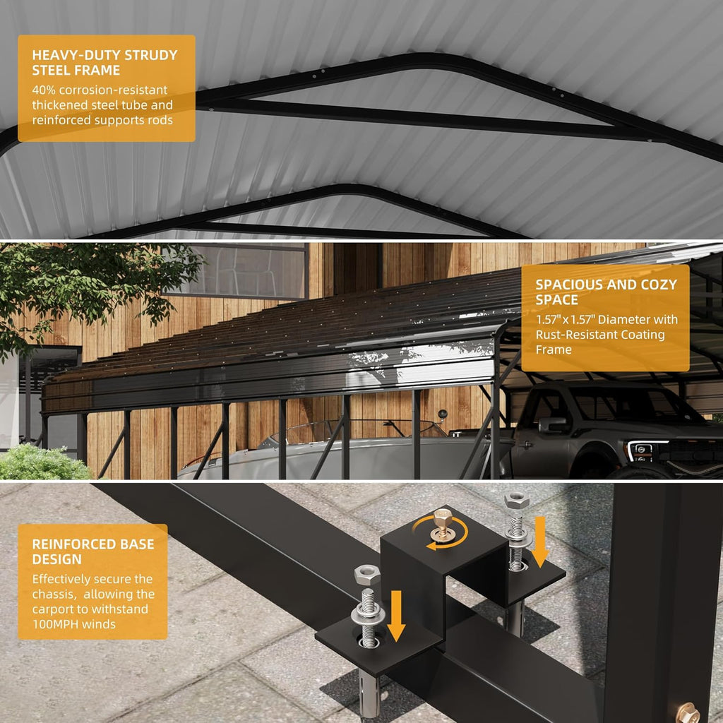 20 x 40 FT Metal Carport with Galvanized Steel Roof, Heavy Duty Metal Roof Carport with Enhanced Base, Tall MetalCarport Kits Garage for Tractors, Trucks, Boats, Cars