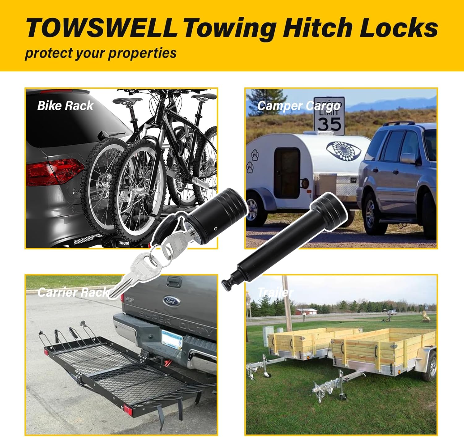 Trailer Hitch Lock, Hitch Lock with 5/8'' Dia Pin Fits 2" Receiver Tubes, for Class III IV 2 Inch Receiver, for Trailer Car Boat, KD 2 Pack
