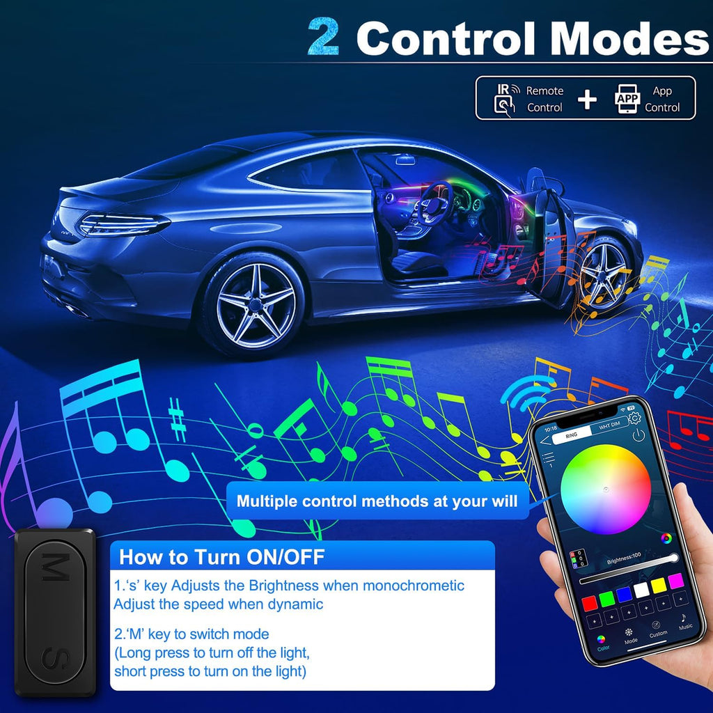Dreamcolor Acrylic Interior Car LED Strip Light with Wireless APP, RGB 10 in 1 with 175 inches 612 LEDs Fiber Optic Car Ambient Lighting Kits, Dynamic Chasing Music Sync Neon LED Strip Lights for Car