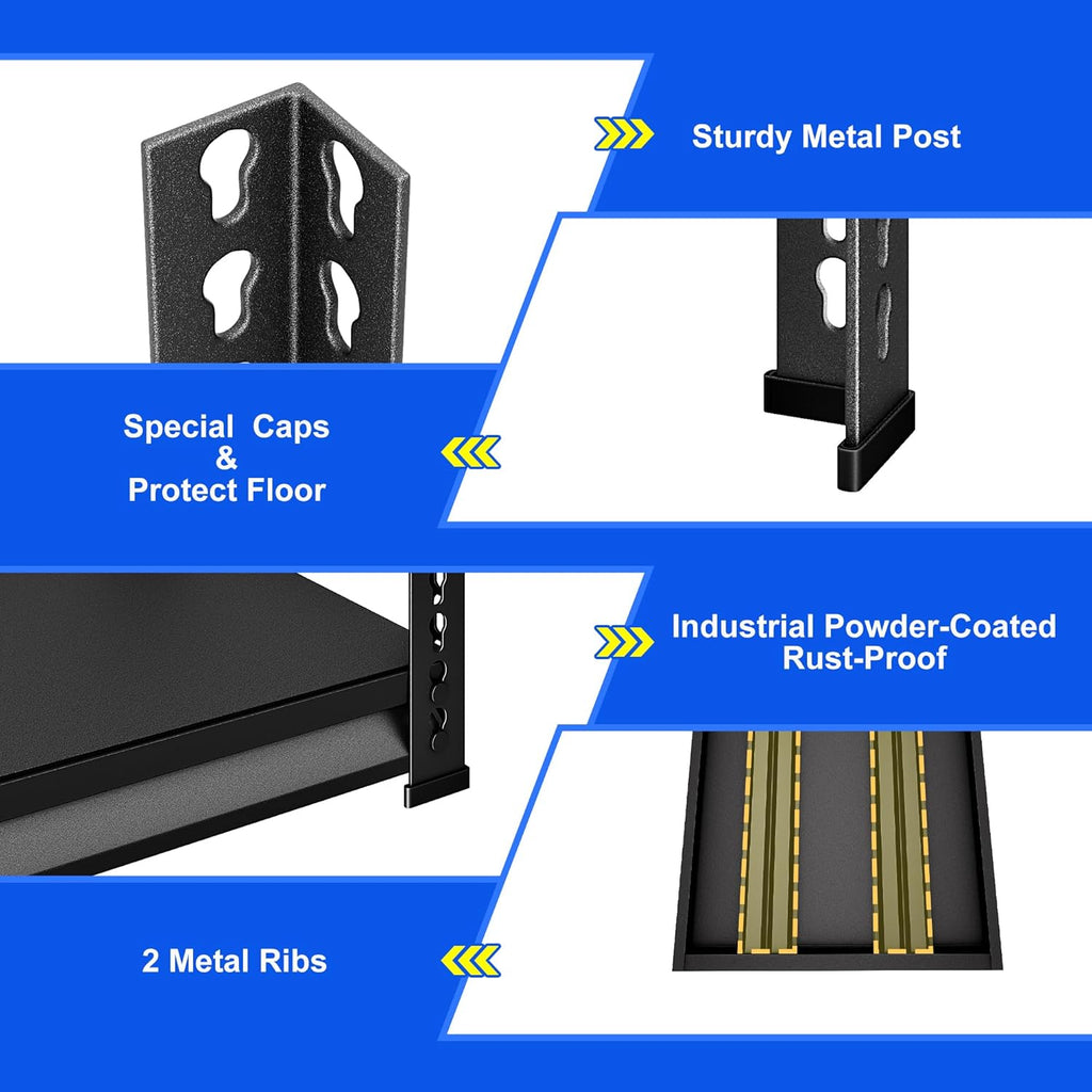 48" W Garage Shelving Heavy Duty, 1800LBS Loads Adjustable Garage Storage Shelves, 4-Tier Metal Shelving Units and Storage Racks, Industrial Utility Shelf,48" Wx16 Dx72 H, Black