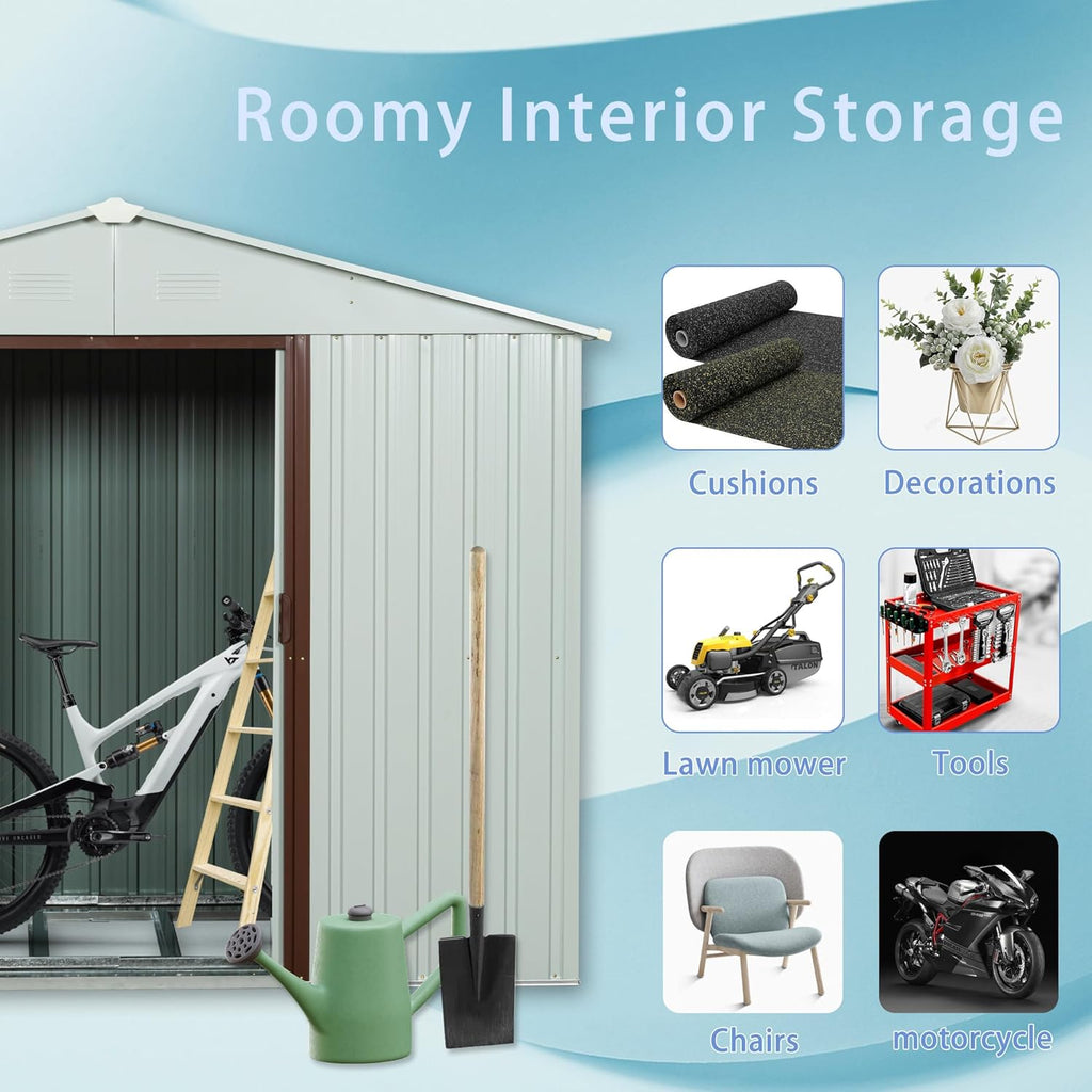 8 x 4 FT Outdoor Storage Shed with Side Window, Metal Garden Shed w/Sliding Doors & Lock, Floor Base and Air Vents, Utility Tool Storage House for Backyard Lawn, White