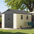 Patiowell 8 x 12 FT Resin Outdoor Storage Shed with Floor, Large Shed with Light and Lockable Door for Garden, Backyard, Tool Storage Use, Easy to Install in Beige (Kick-it Shed)