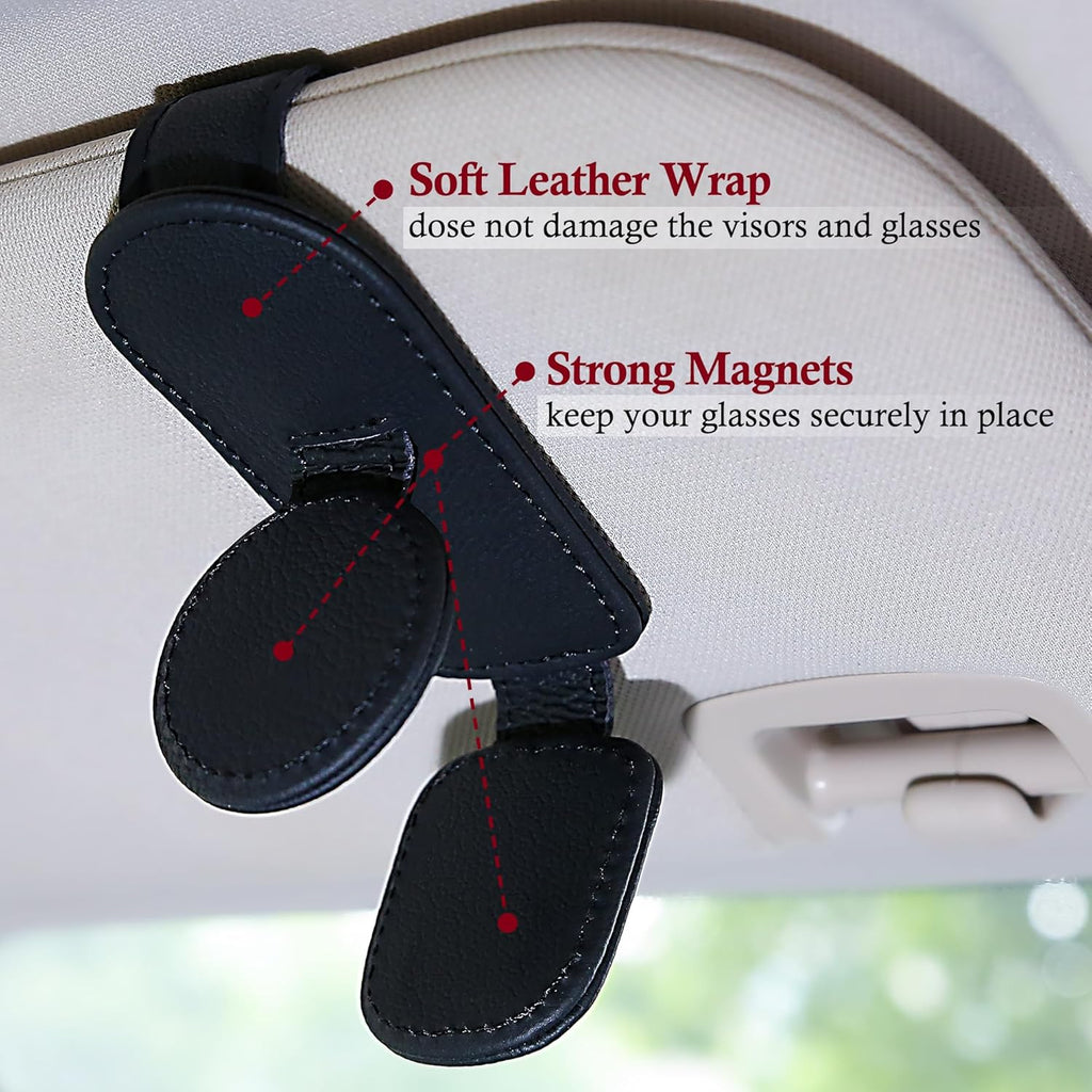 KIWEN Sunglasses Holder for Car Visor, Magnetic Leather Sunglass Eyeglass Hanger Clip for Car Sun Visor Accessories (1, Black)