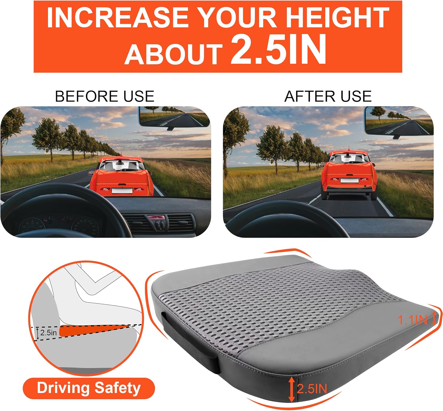 Car Seat Cushion, Comfort Memory Foam Car Cushions for Driving - Sciatica & Lower Back Pain Relief, Driver Seat Pillow for Auto, Office Chair, Wheelchair - 4D Mesh Dark Grey
