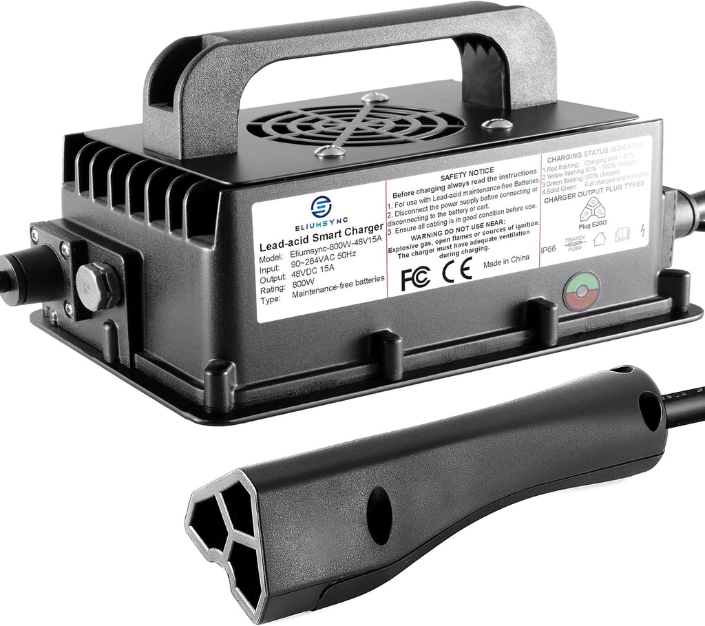 800W Lead Acid Battery Charger 48 Volt 15 AMP 3-Pin Triangular Plug EZGO RXV & TXT Golf Carts