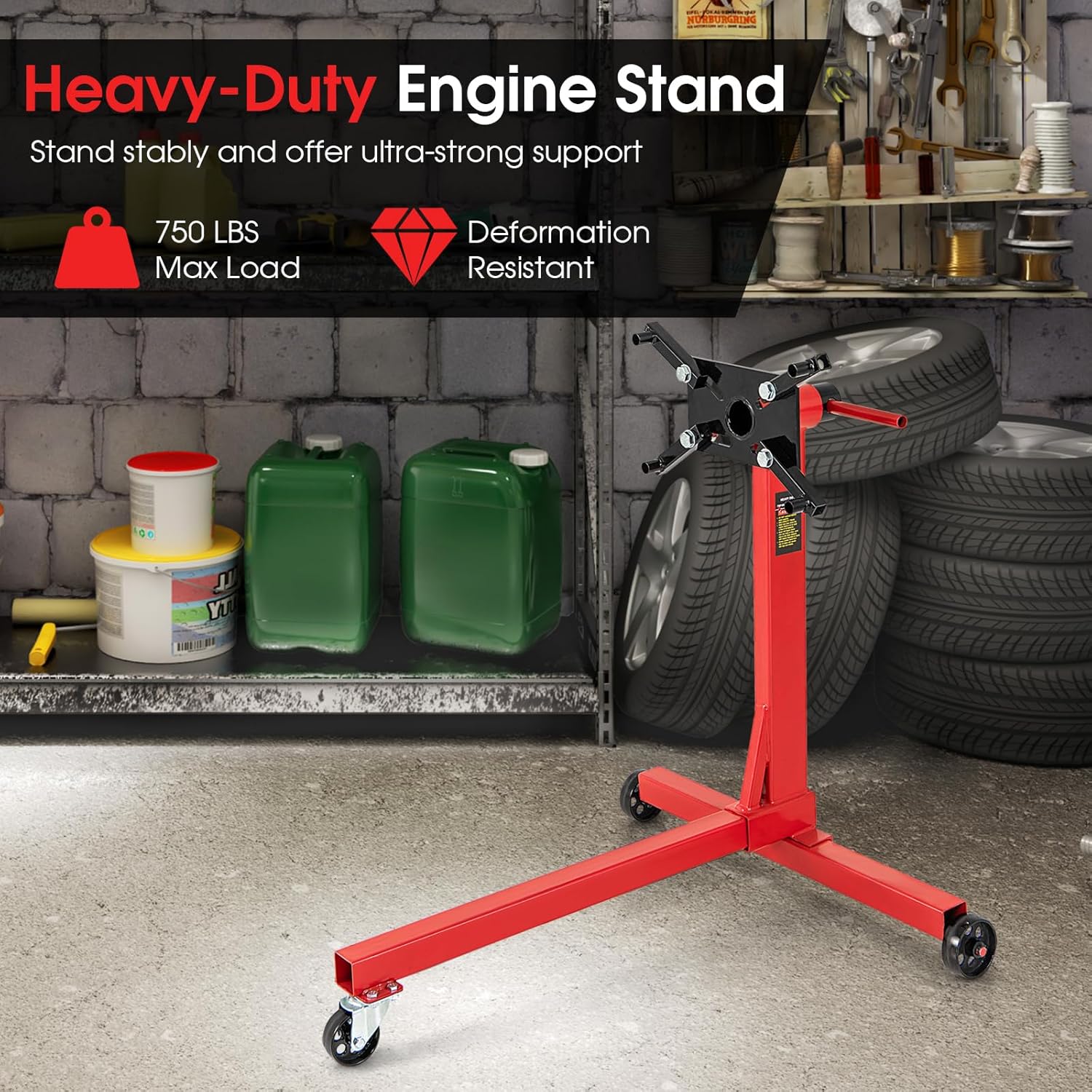 Goplus Engine Stand, 750 LBS (3/8 Ton) Motor Stand with Wheels, 360 Degree Rotating Head & Adjustable Arms, Heavy-Duty Metal Engine Holder for Garage, Auto Repair, Red
