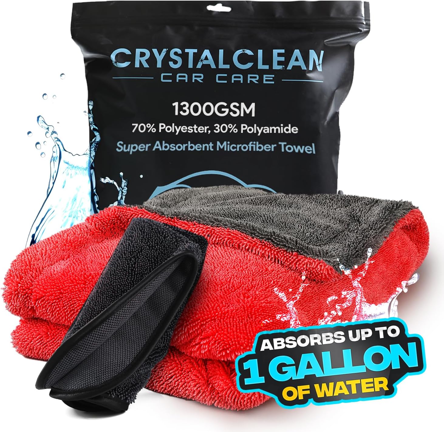 Microfiber Towels for Cars - 1300GSM X Large Size Double Twisted Loop 2pcs - 70/30 Blend Quick Dry High Absorbent Edgeless Streak Free - Car Drying Towel for Detailing 24x36″ & 12x12 (Grey+Red)