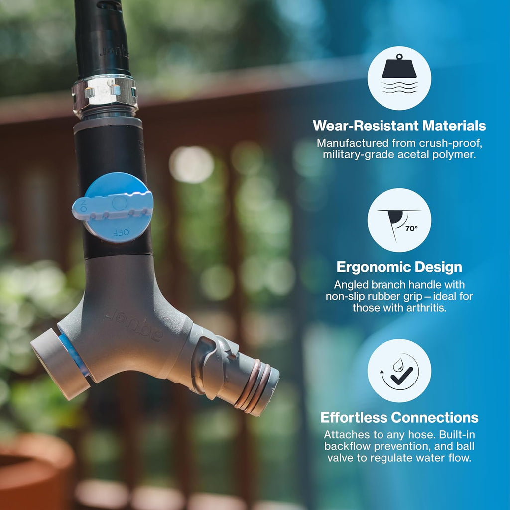 Aquor Comfort Grip VB Hose Connector – Garden Hose Connector with Built-In Vacuum Breaker & Ball Valve, Backflow Prevention, Ergonomic Non-Slip Grip – Slate Gray, Compatible with Aquor Hydrants