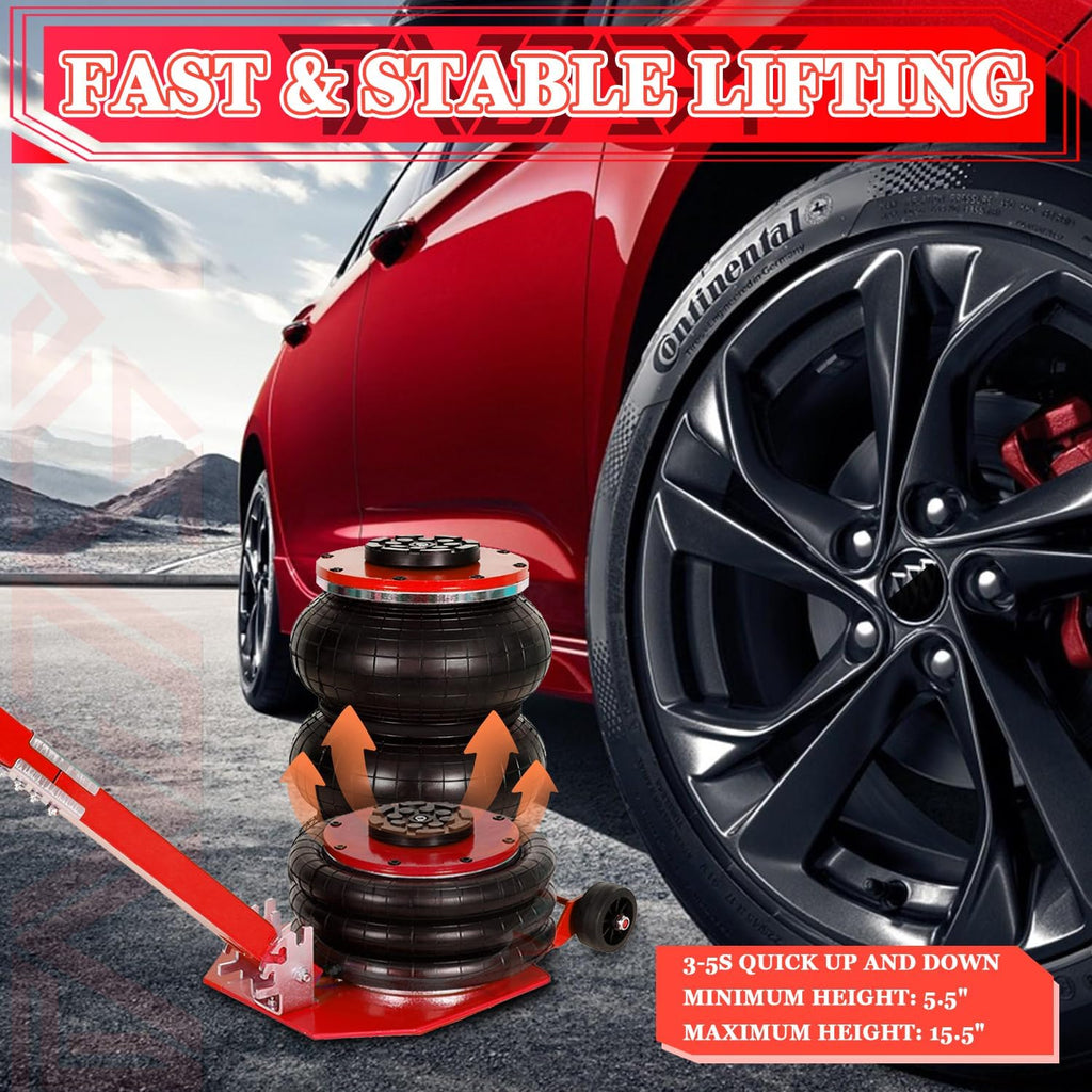 5T Triple Bag Air Jack 11000lbs Pneumatic Jack 3s Fast Lift Up 16in Airbag Jack with Adjustable Long Handle Heavy Duty Triple Air Bag Jack Lift for Cars Garage (Red)