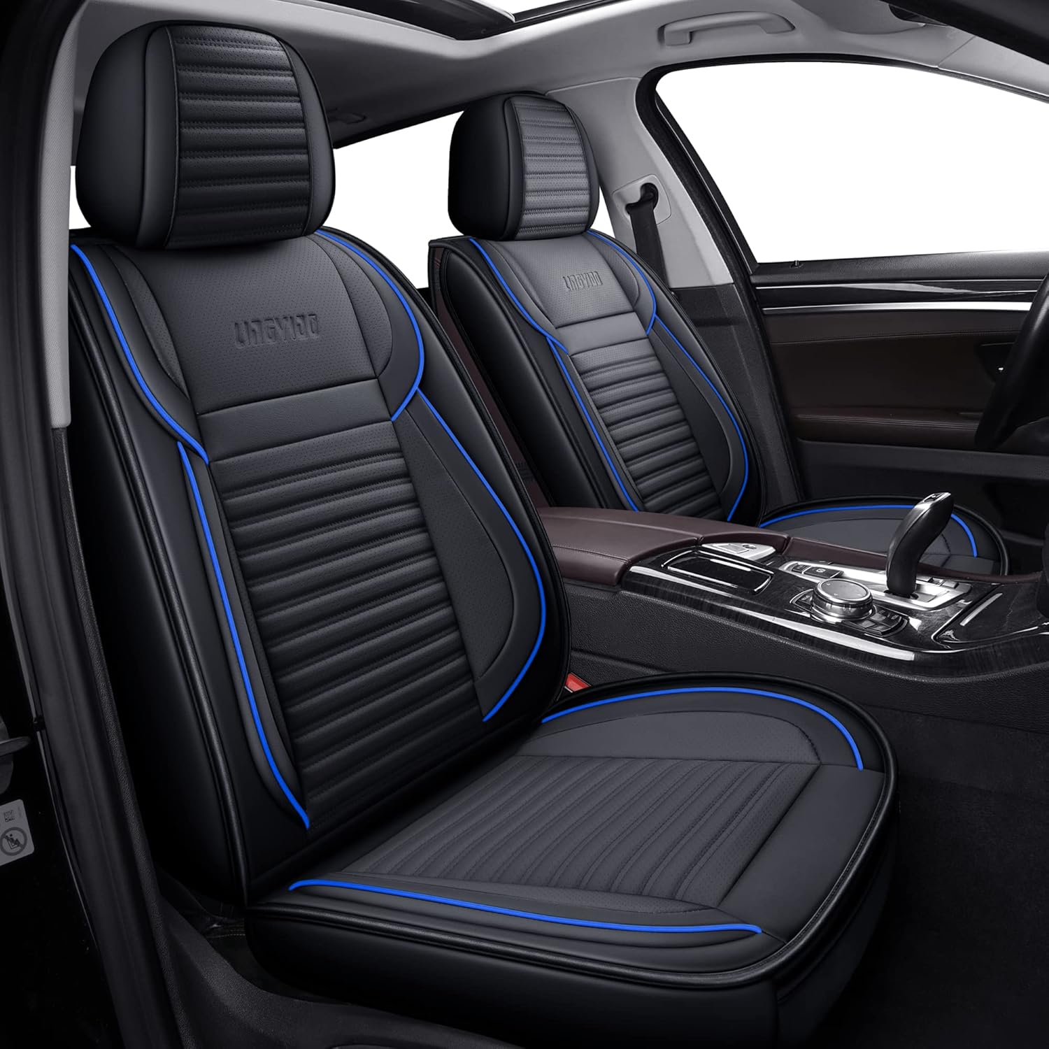 LINGVIDO Car Seat Covers, Breathable and Waterproof Faux Leather Automotive Seat Covers for Cars SUV Truck Sedan,Universal Anti-Slip Seat Cover with Backrest (Front Seat, Black-Blueline)